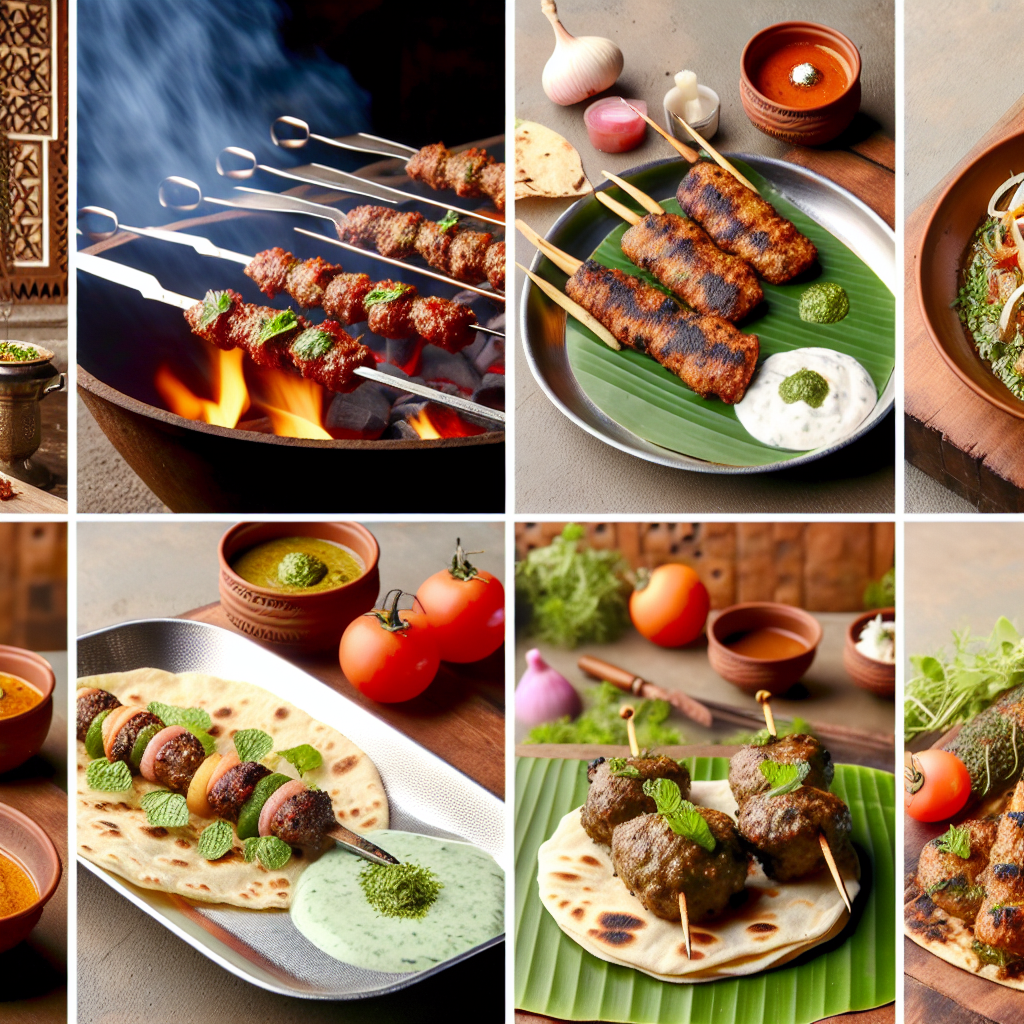 A mouth-watering assortment of grilled kebabs served with garnishes and sauces, showcasing a variety of cooking styles and presentations.