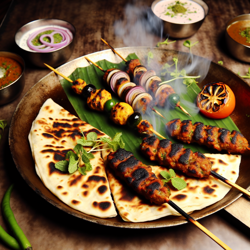 delicious grilled kebabs A mouthwatering assortment of grilled kebabs with naan, mint garnish, and vibrant dips.