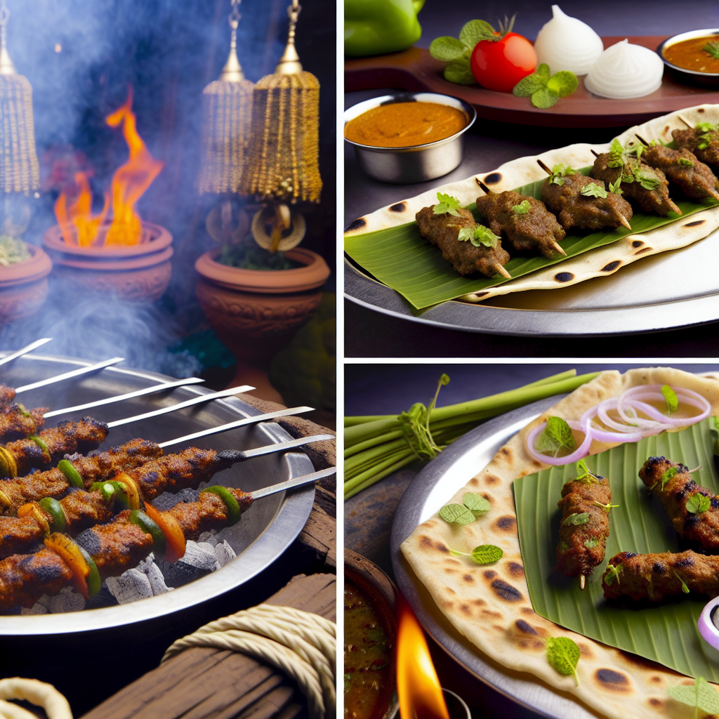 A collage featuring succulent kebabs grilling over an open flame, paired with fresh flatbread and vibrant garnishes.