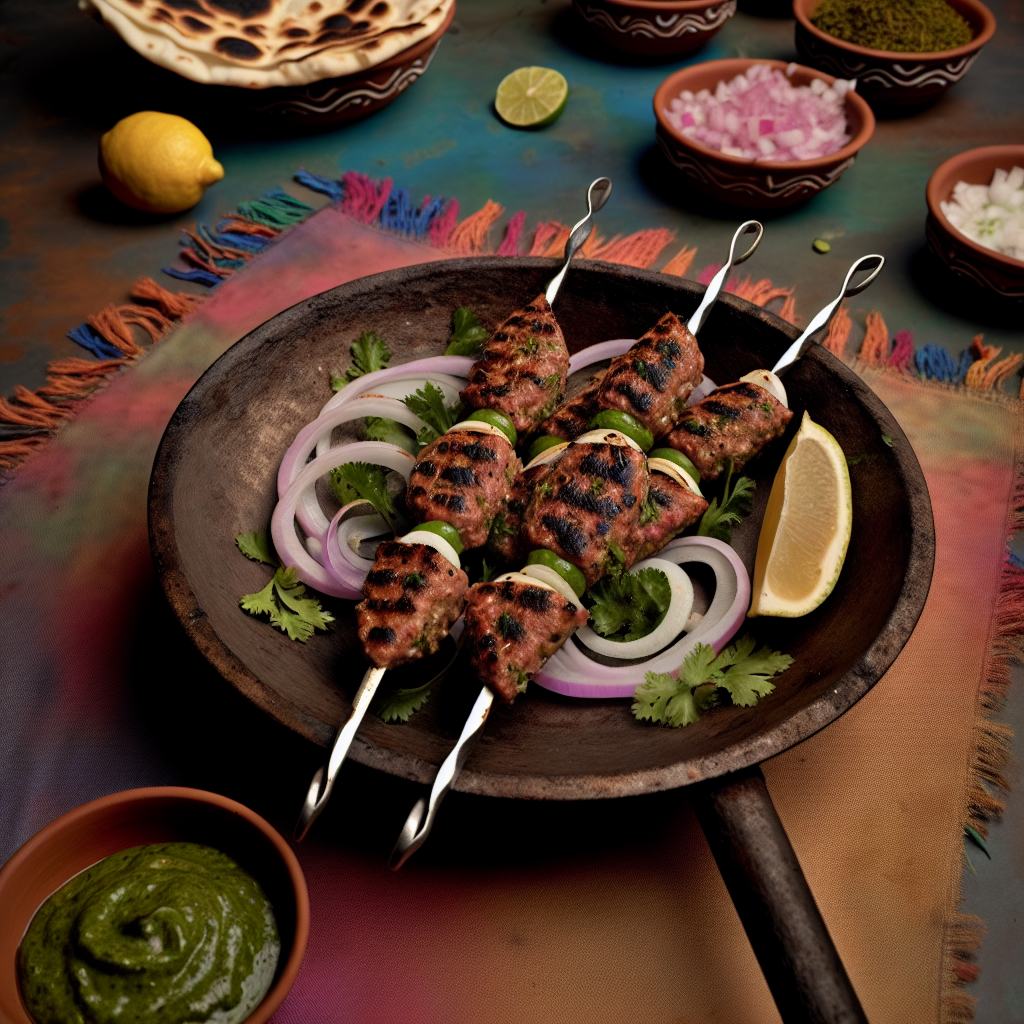 A delicious platter of grilled seekh kebabs served on skewers with onion slices and a lemon wedge. Accompanied by green chutney and various small bowls.