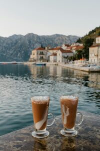 Enjoy two iced coffees with a scenic view of Montenegro's coastline.