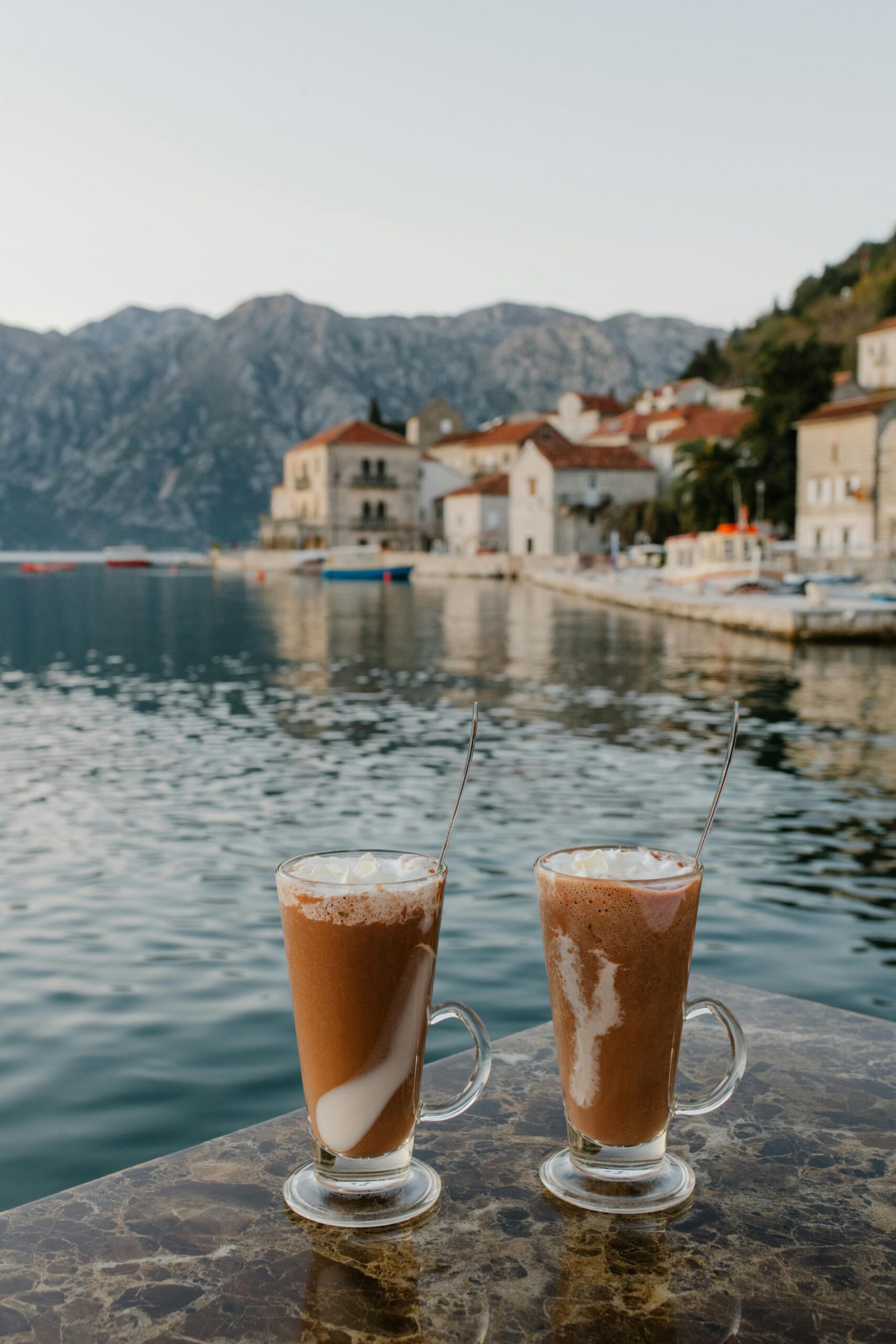 Enjoy two iced coffees with a scenic view of Montenegro's coastline.