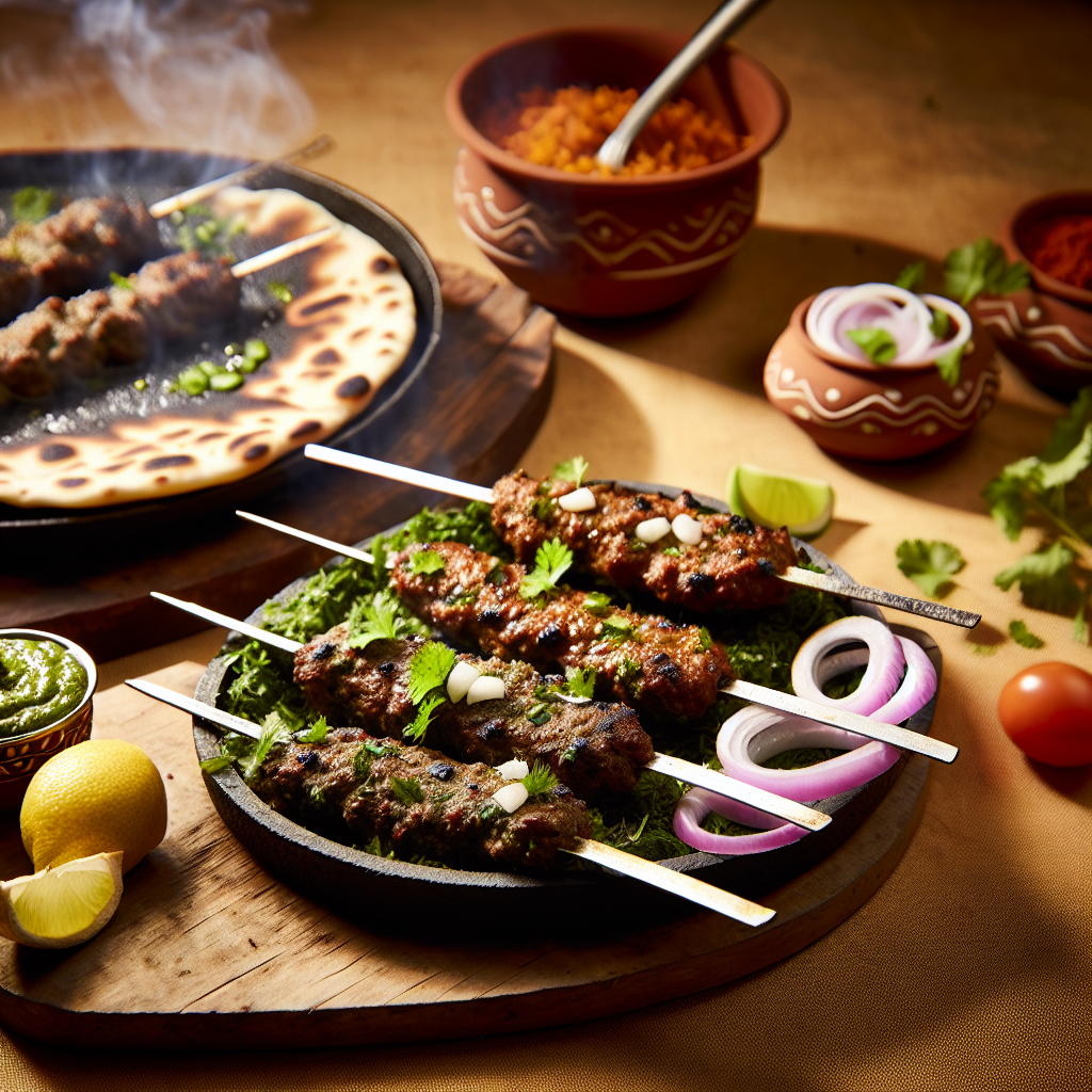Delicious Indian kebabs served on a sizzling platter with naan, chutney, and garnishes.